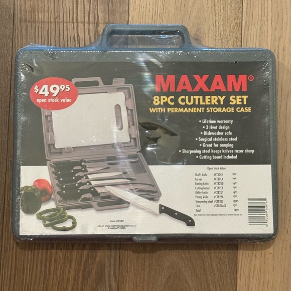 Maxam 8-piece Cutlery Set with Cutting Board & Permanent Storage Case - New - Picture 2 of 6
